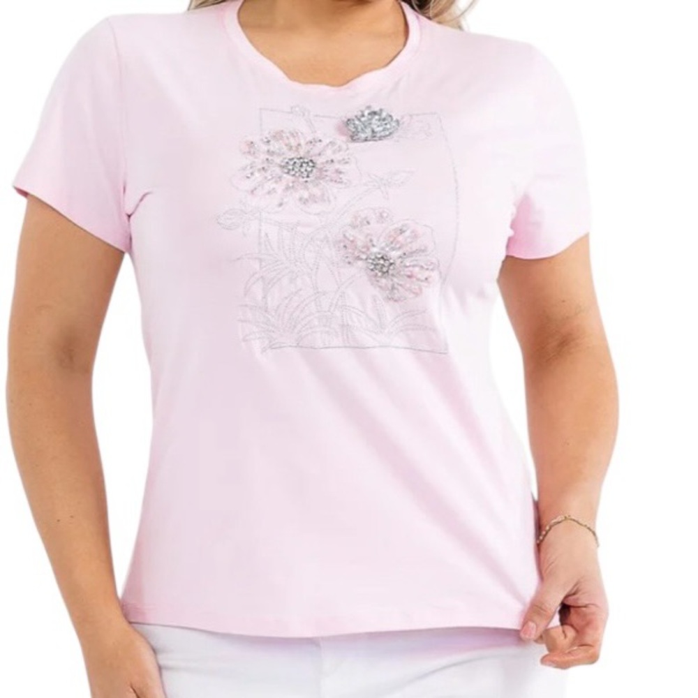 Rhinestone Embellished Pink Short Sleeve Soft Stretchy Top